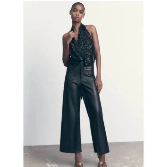 Zara Black Faux Leather Wide Leg Patch Pockets Size 6 Pants NICE - Picture 1 of 12